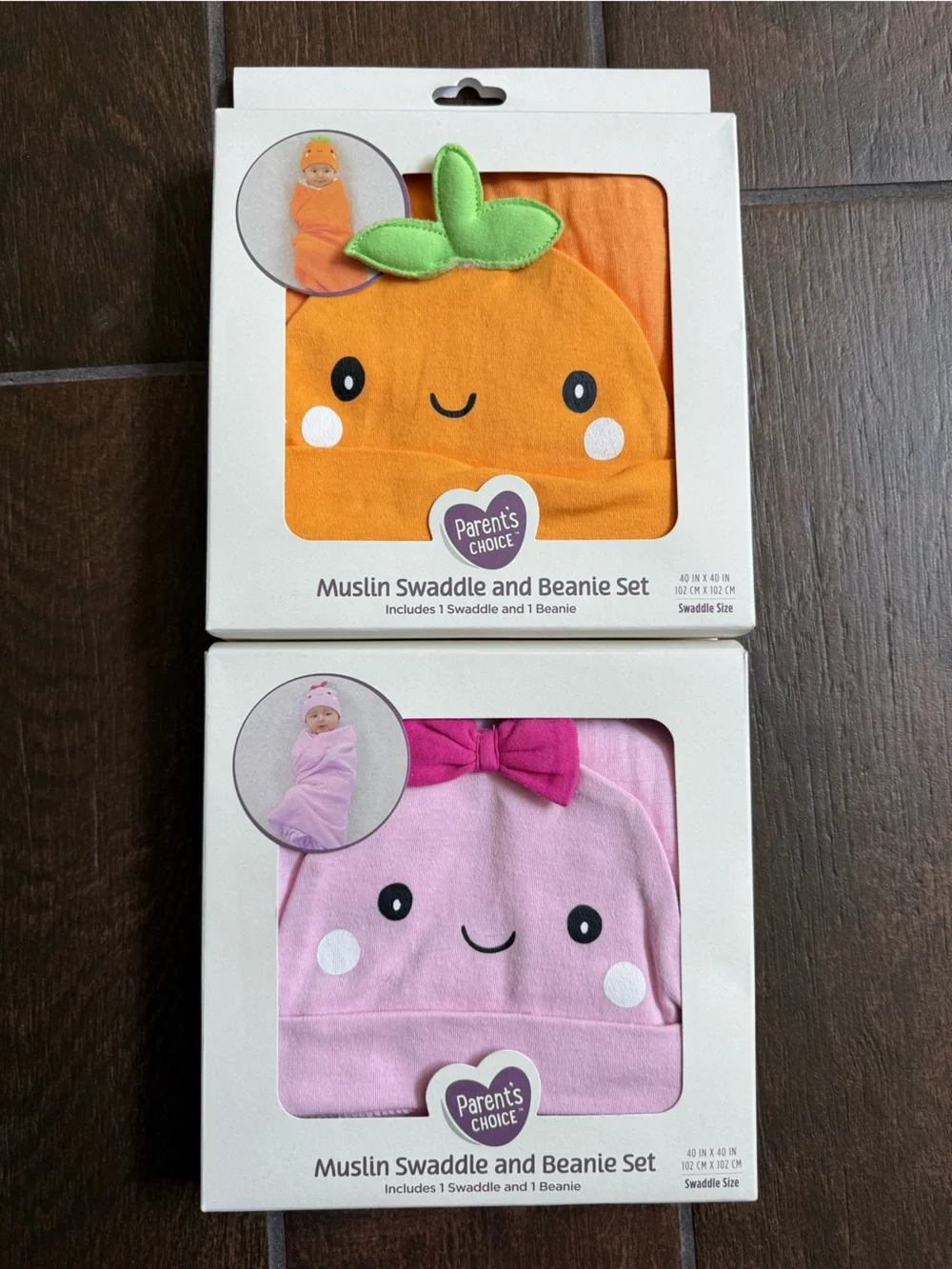 Pink and Orange baby Muslin Swaddle & Beanie Set - Cute Character Design